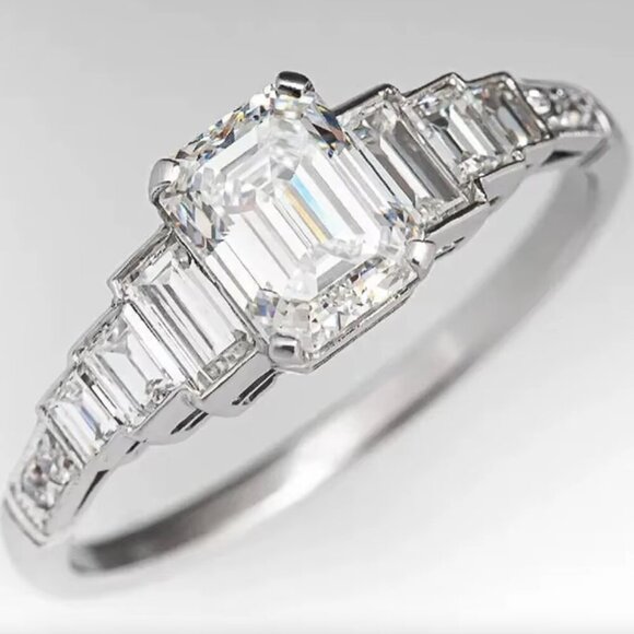 14k White Gold Diamond Ring Band Emerald Cut Ring Band - Picture 3 of 4